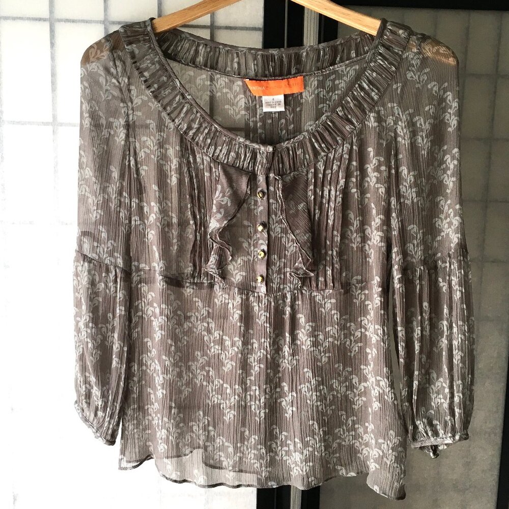 Cynthia by Cynthia Steffe Sheer Silk Teal Grey Floral Boho-Style Blouse Size 4